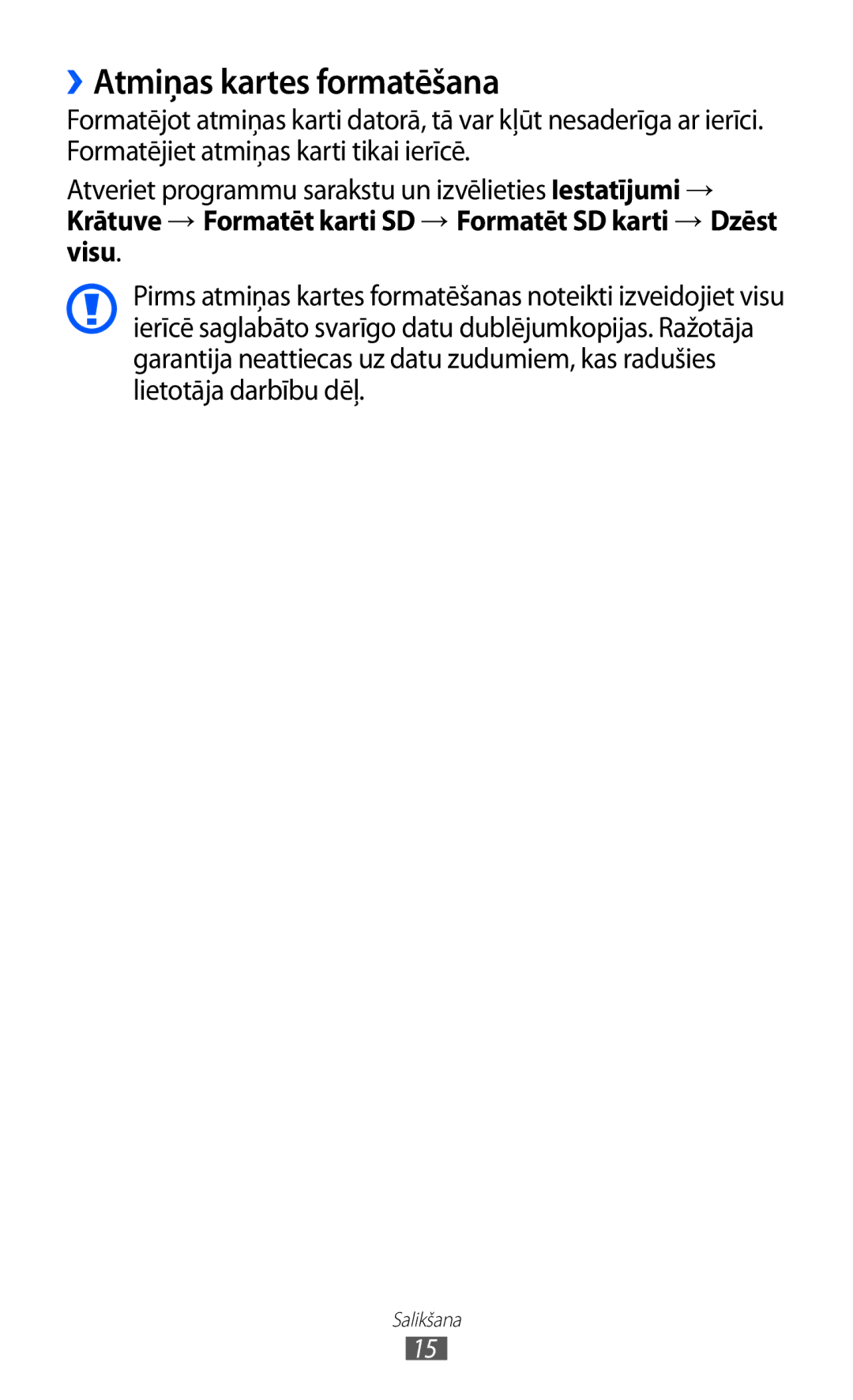 Samsung GT-P6210UWASEB manual ››Atmiņas kartes formatēšana, Krātuve → Formatēt karti SD → Formatēt SD karti → Dzēst visu 