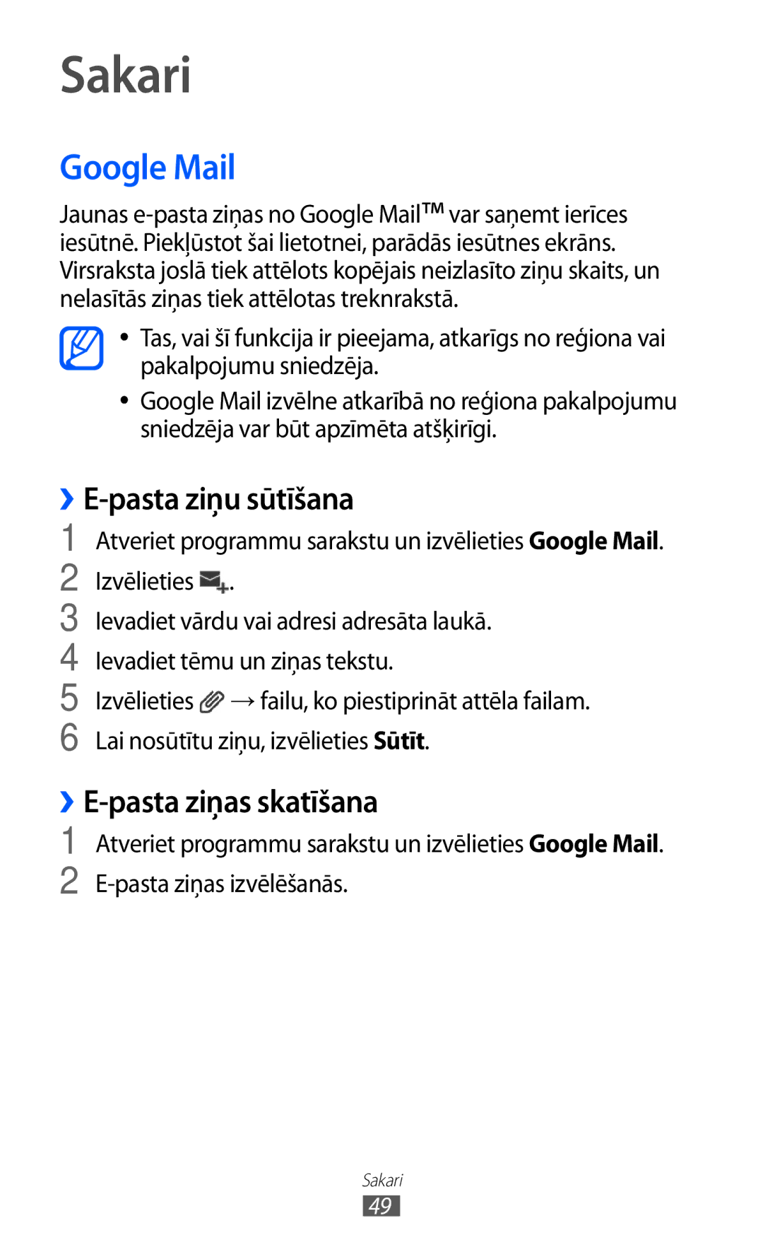 Samsung GT-P6210UWASEB manual Sakari, Google Mail, Pasta ziņu sūtīšana, Pasta ziņas skatīšana 