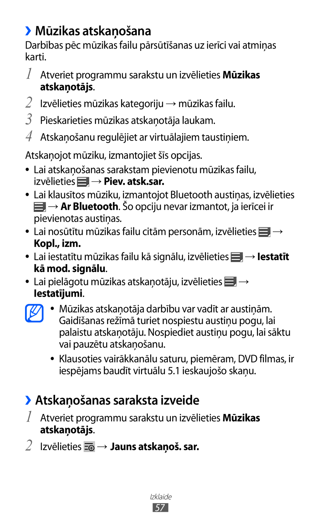 Samsung GT-P6210UWASEB manual ››Mūzikas atskaņošana, ››Atskaņošanas saraksta izveide, Kopl., izm 