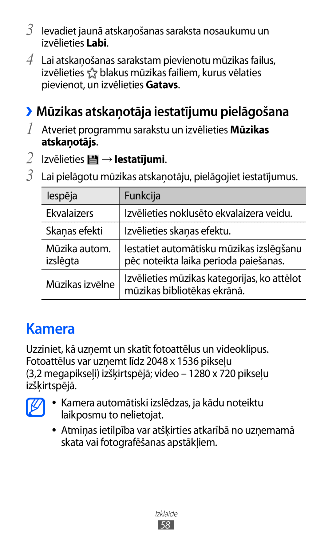 Samsung GT-P6210UWASEB manual Kamera, Atskaņotājs, Skaņas efekti Izvēlieties skaņas efektu Mūzika autom, Izslēgta 