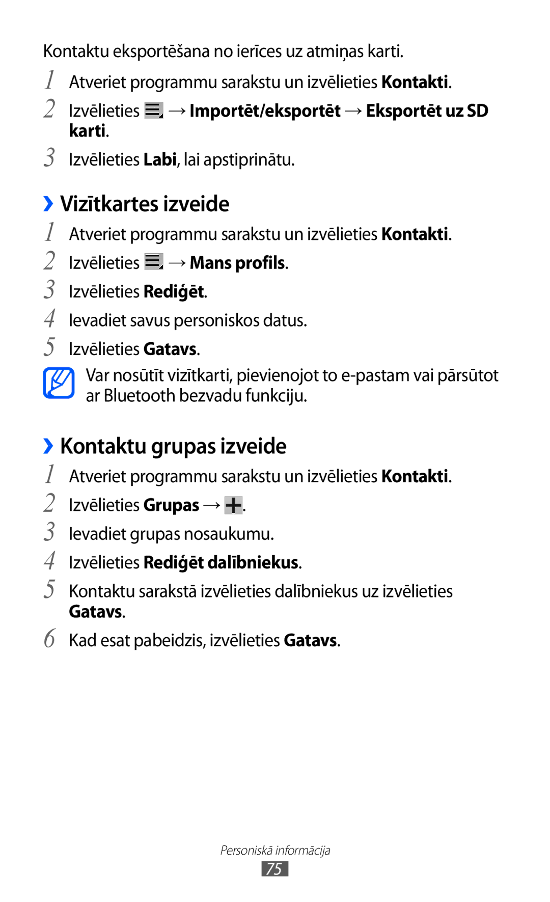 Samsung GT-P6210UWASEB manual Vizītkartes izveide, ››Kontaktu grupas izveide 