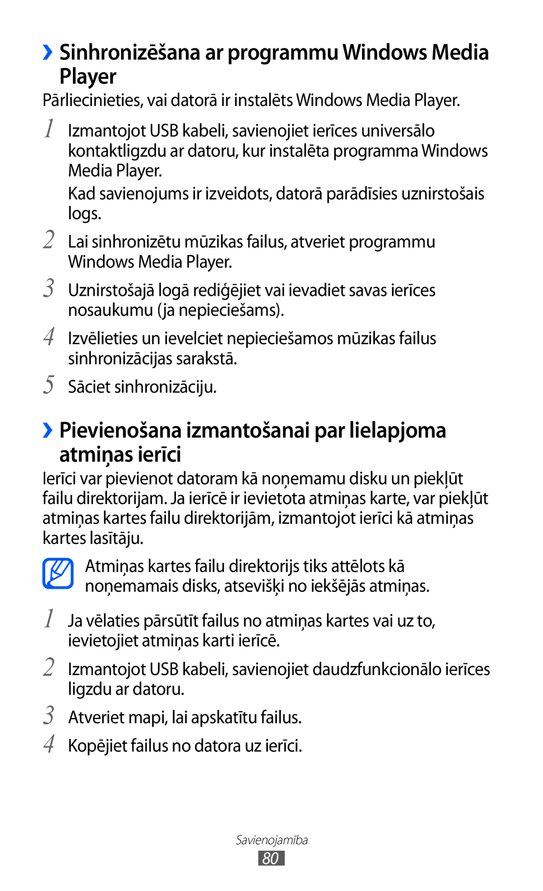 Samsung GT-P6210UWASEB manual Player, ››Pievienošana izmantošanai par lielapjoma atmiņas ierīci 