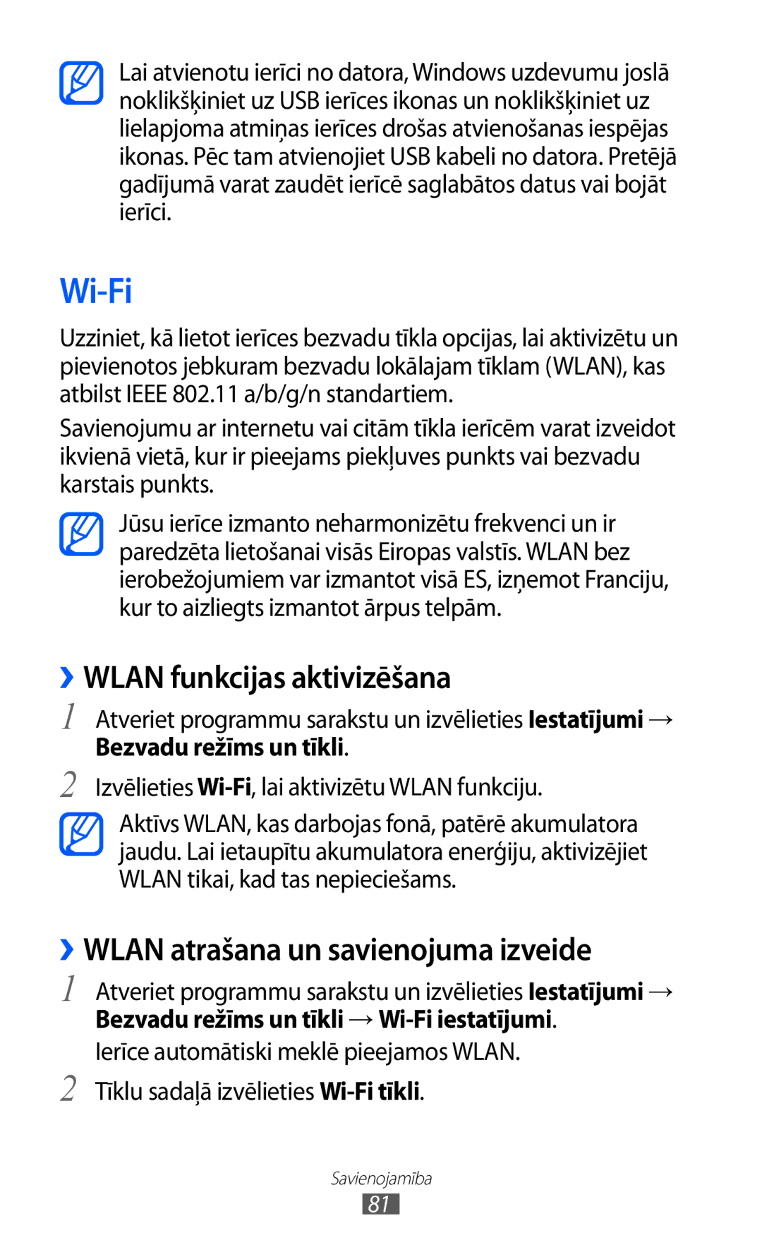 Samsung GT-P6210UWASEB manual Wi-Fi, ››WLAN funkcijas aktivizēšana, ››WLAN atrašana un savienojuma izveide 