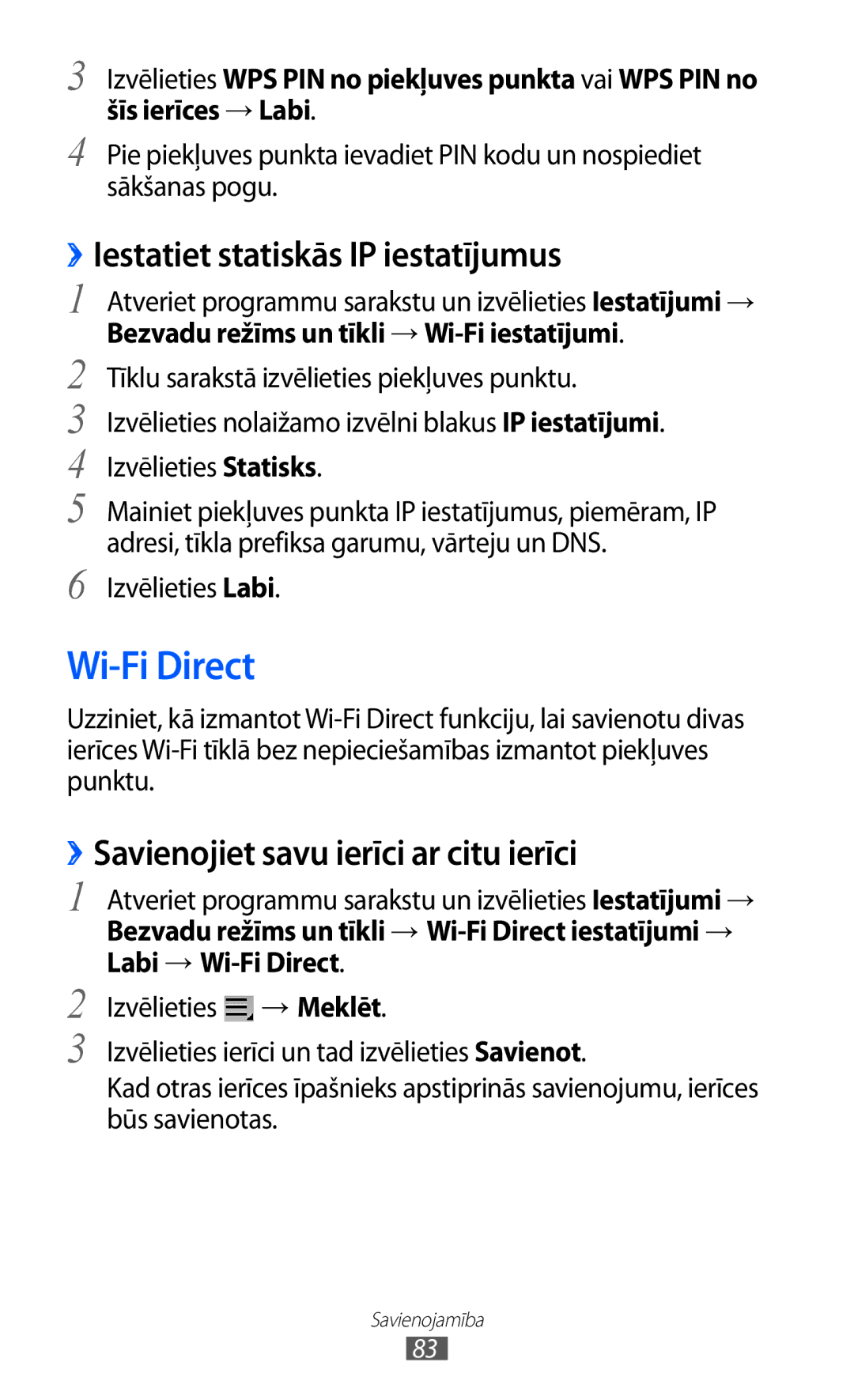 Samsung GT-P6210UWASEB manual Wi-Fi Direct, ››Iestatiet statiskās IP iestatījumus, ››Savienojiet savu ierīci ar citu ierīci 