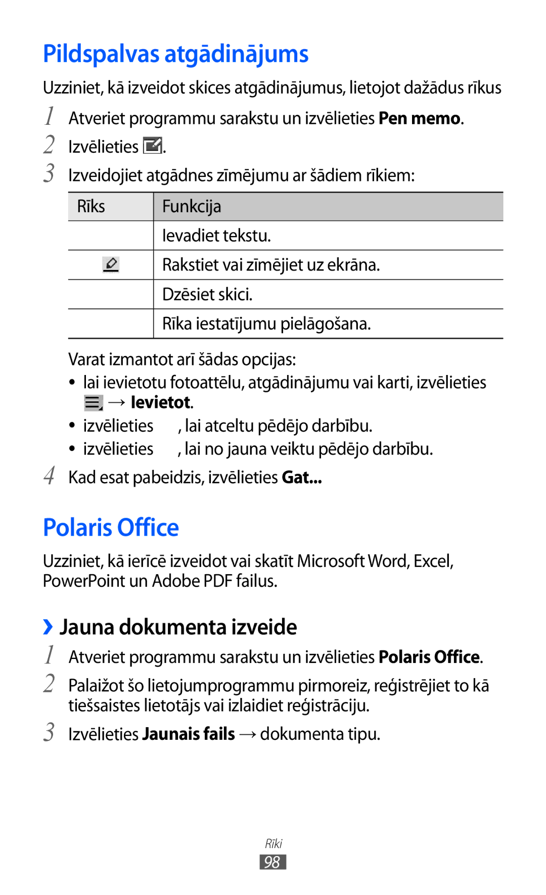 Samsung GT-P6210UWASEB manual Pildspalvas atgādinājums, Polaris Office, ››Jauna dokumenta izveide, → Ievietot 