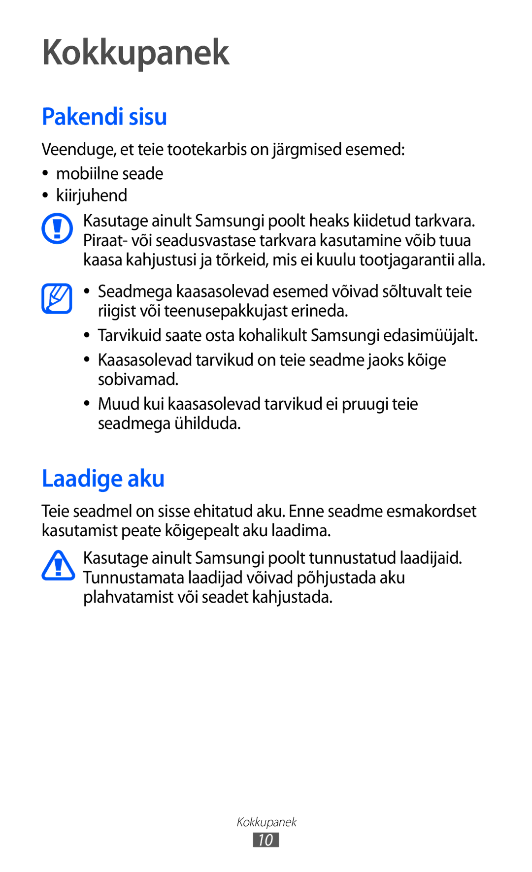 Samsung GT-P6210UWASEB manual Kokkupanek, Pakendi sisu, Laadige aku 