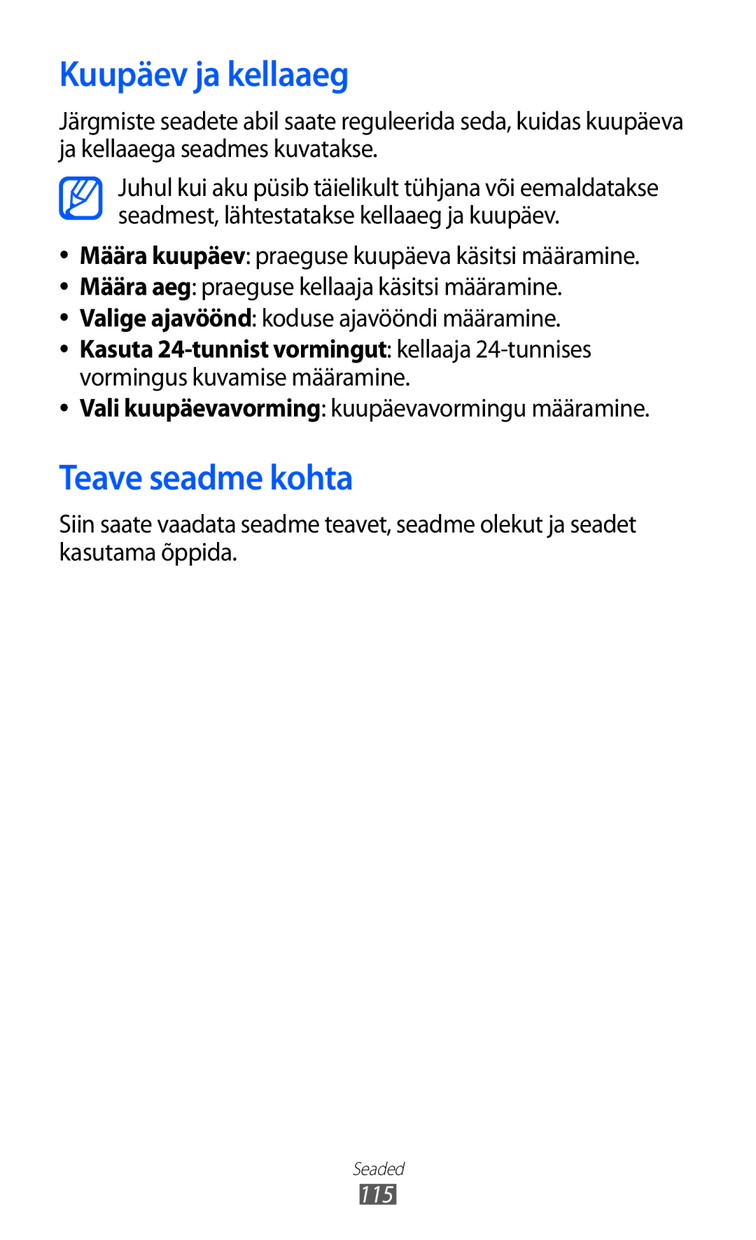 Samsung GT-P6210UWASEB manual Kuupäev ja kellaaeg, Teave seadme kohta, Vali kuupäevavorming kuupäevavormingu määramine 