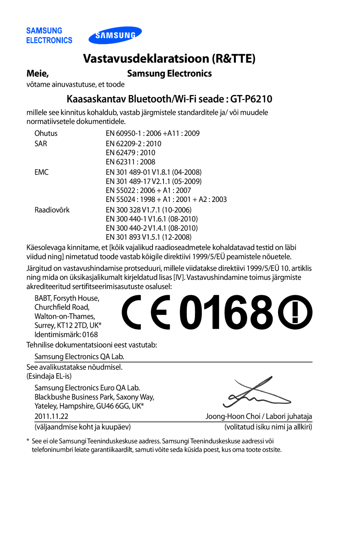 Samsung GT-P6210UWASEB manual Vastavusdeklaratsioon R&TTE 