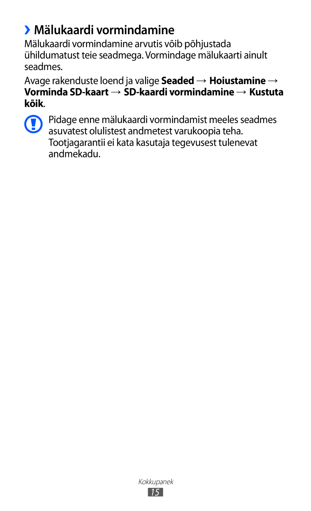 Samsung GT-P6210UWASEB manual ››Mälukaardi vormindamine 