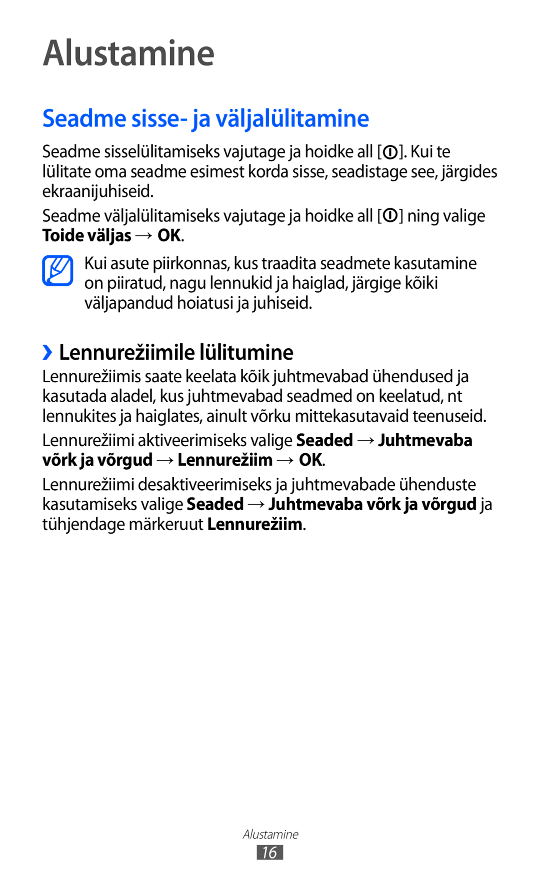 Samsung GT-P6210UWASEB manual Alustamine, Seadme sisse- ja väljalülitamine, ››Lennurežiimile lülitumine, Toide väljas → OK 