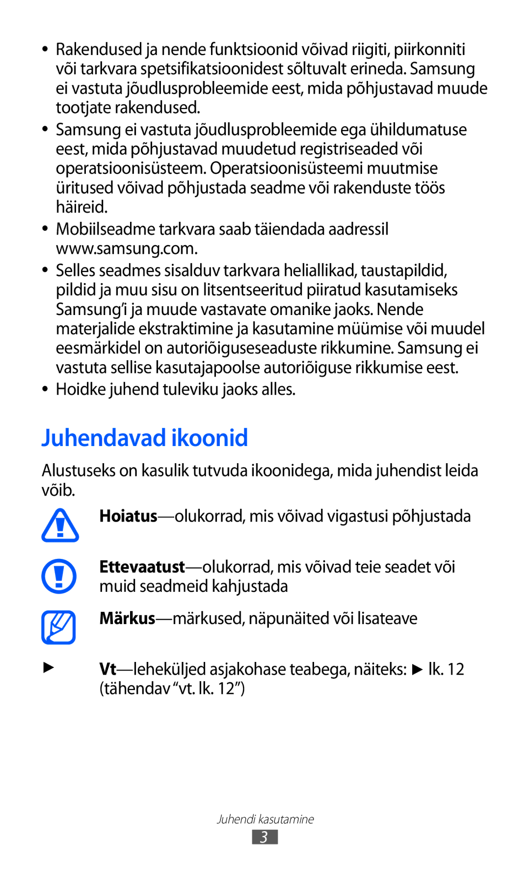 Samsung GT-P6210UWASEB manual Juhendavad ikoonid, Hoidke juhend tuleviku jaoks alles 