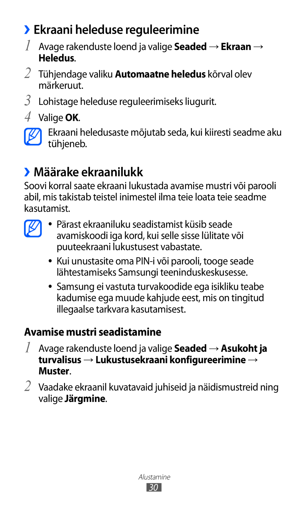 Samsung GT-P6210UWASEB manual ››Ekraani heleduse reguleerimine, ››Määrake ekraanilukk, Valige Järgmine 