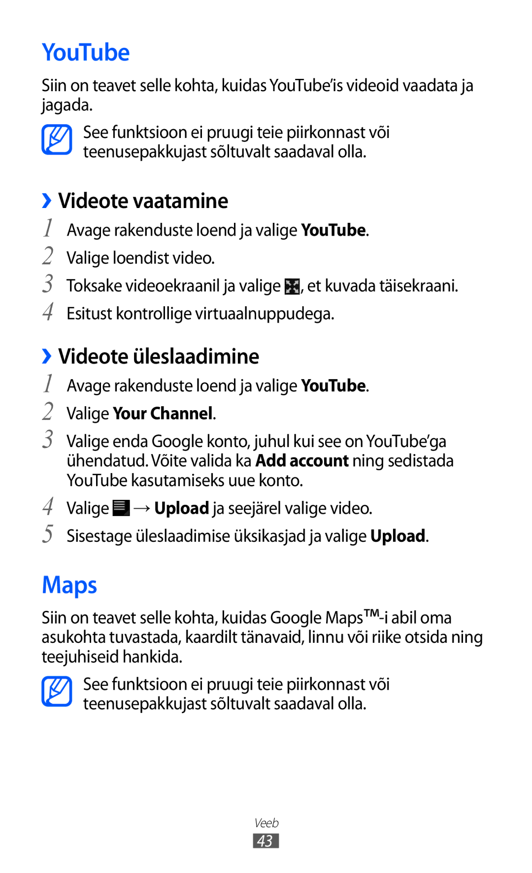 Samsung GT-P6210UWASEB manual YouTube, Maps, ››Videote vaatamine, ››Videote üleslaadimine, Valige Your Channel 