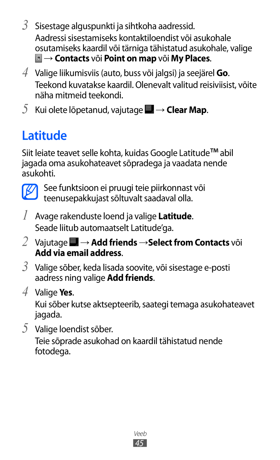 Samsung GT-P6210UWASEB manual Latitude, Sisestage alguspunkti ja sihtkoha aadressid 