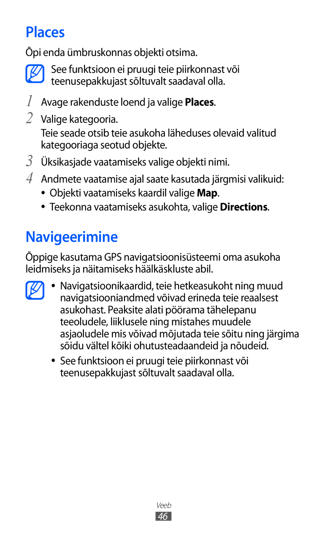 Samsung GT-P6210UWASEB manual Places, Navigeerimine, Õpi enda ümbruskonnas objekti otsima 