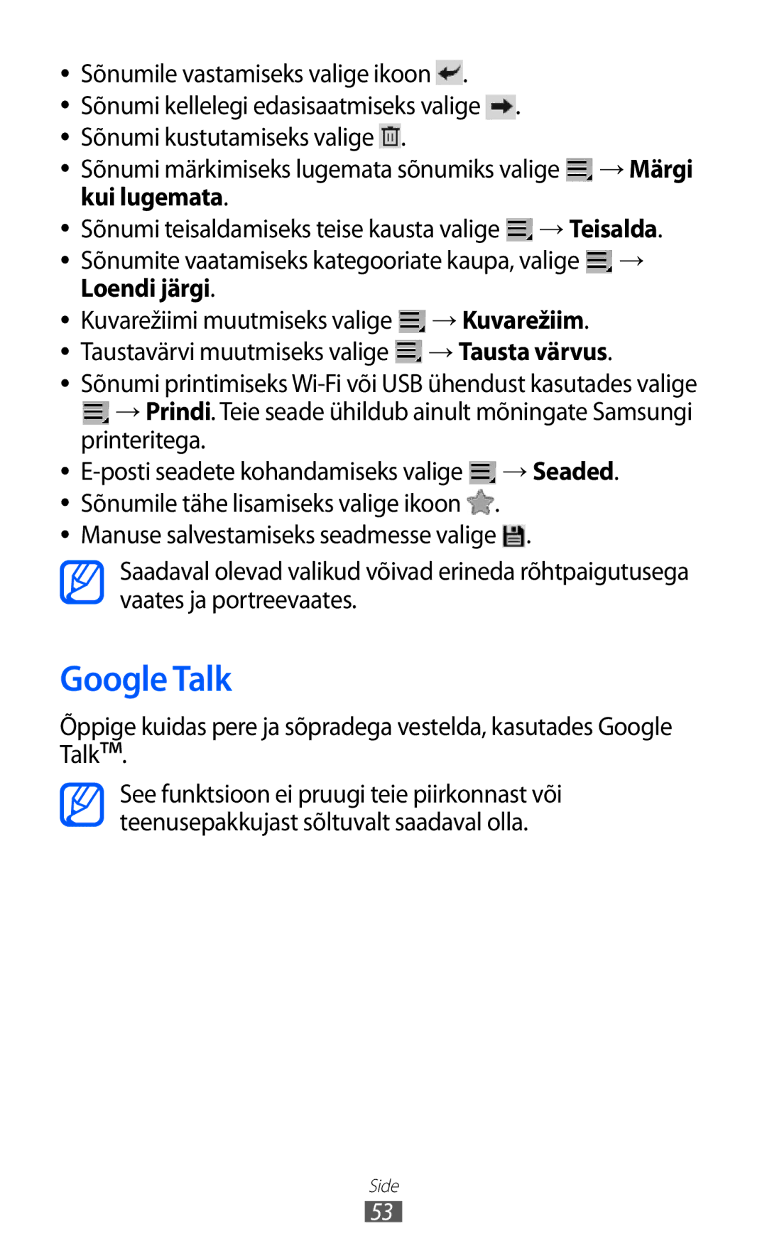 Samsung GT-P6210UWASEB manual Google Talk, Sõnumile vastamiseks valige ikoon, Loendi järgi, → Kuvarežiim 