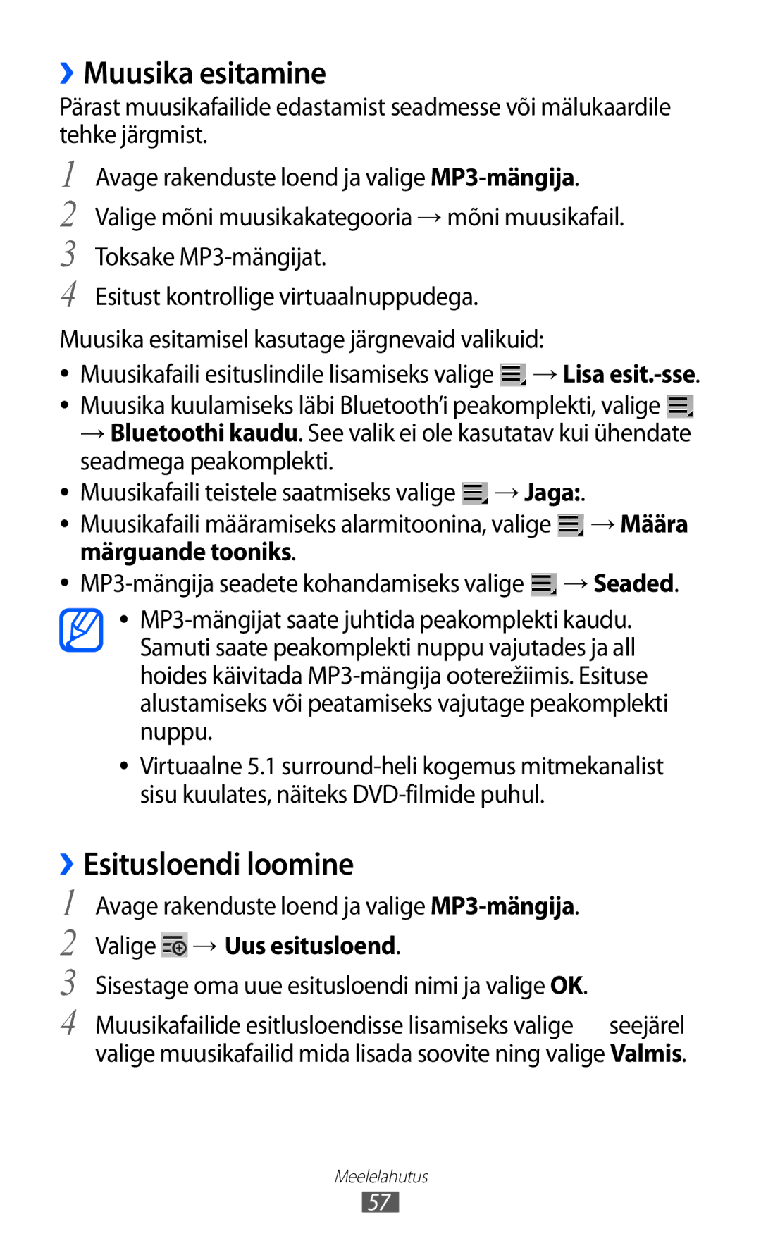 Samsung GT-P6210UWASEB manual ››Muusika esitamine, ››Esitusloendi loomine, Avage rakenduste loend ja valige MP3-mängija 