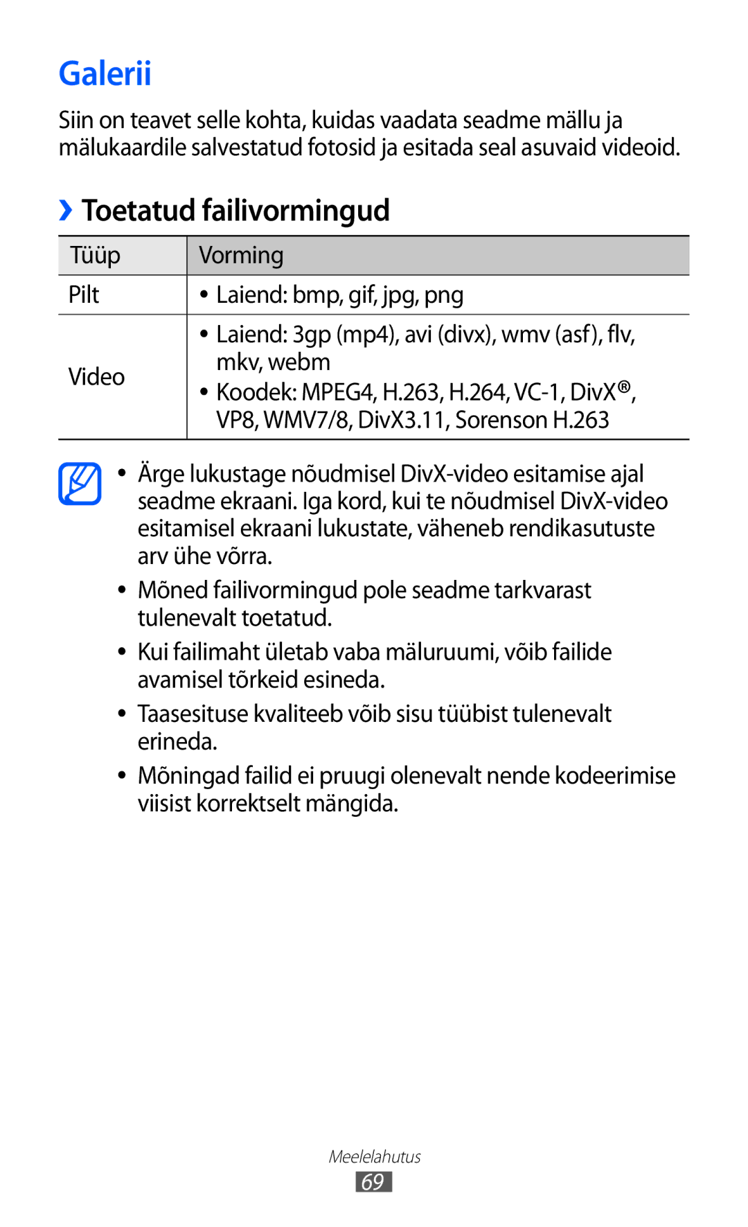 Samsung GT-P6210UWASEB Galerii, Toetatud failivormingud, Tüüp Vorming Pilt Laiend bmp, gif, jpg, png, Video Mkv, webm 