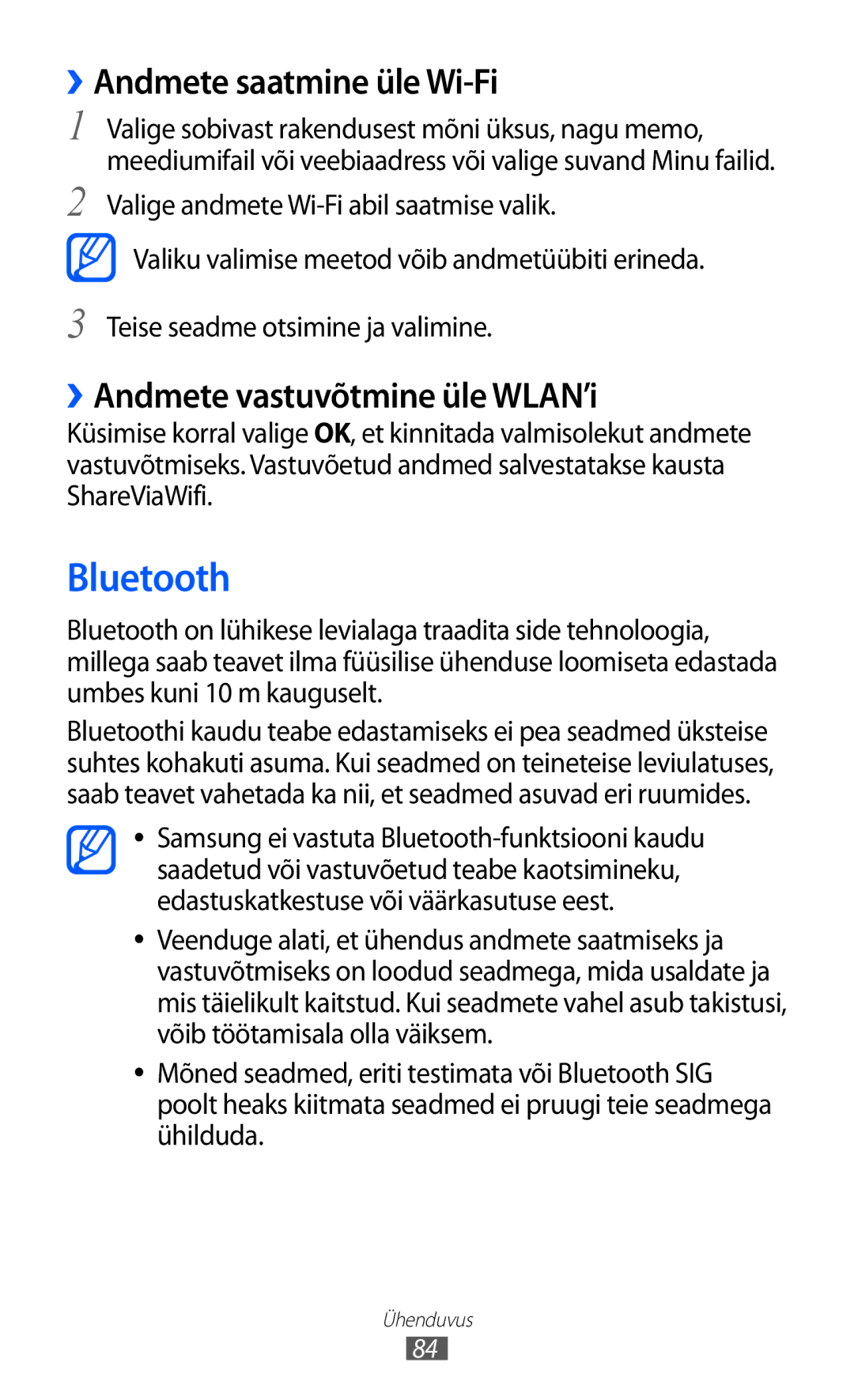 Samsung GT-P6210UWASEB manual Bluetooth, ››Andmete saatmine üle Wi-Fi, ››Andmete vastuvõtmine üle WLAN’i 