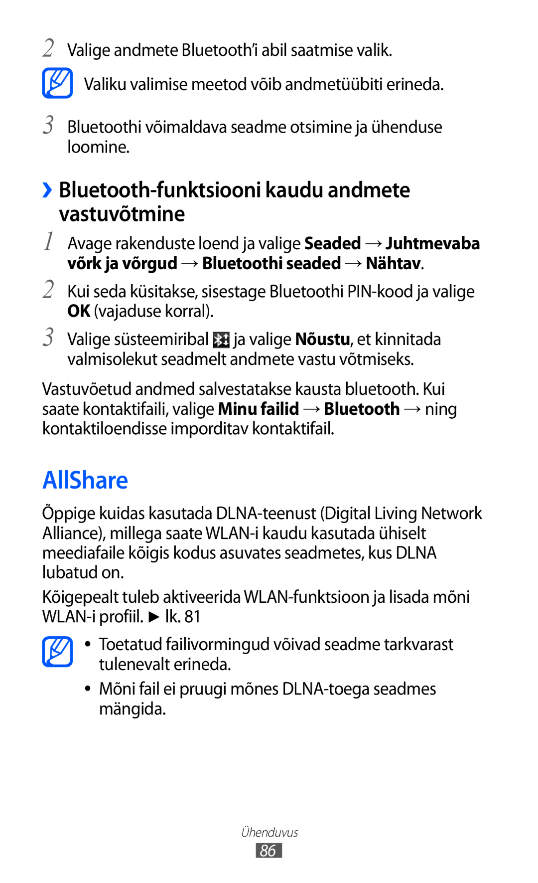 Samsung GT-P6210UWASEB manual AllShare, ››Bluetooth-funktsiooni kaudu andmete vastuvõtmine 