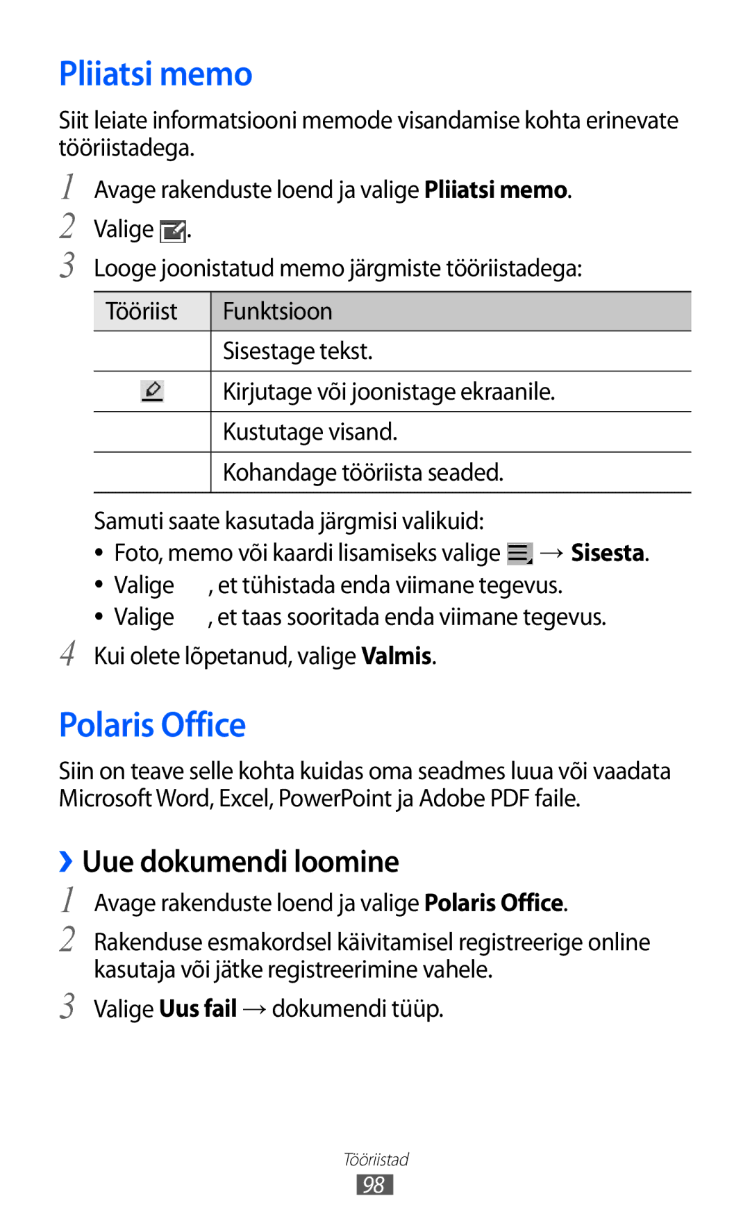 Samsung GT-P6210UWASEB manual Pliiatsi memo, Polaris Office, ››Uue dokumendi loomine 