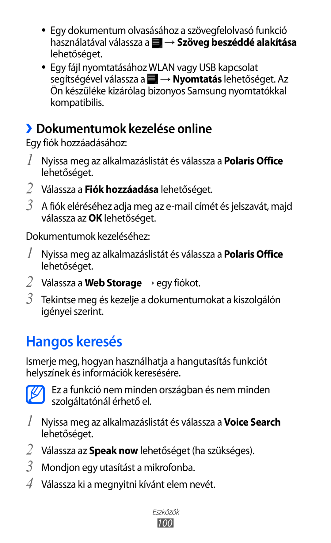 Samsung GT-P6210UWAXEH, GT-P6210MAAXEH manual Hangos keresés, ››Dokumentumok kezelése online, 100 