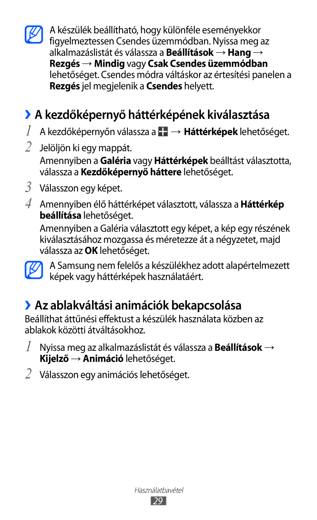 Samsung GT-P6210MAAXEH manual ››A kezdőképernyő háttérképének kiválasztása, ››Az ablakváltási animációk bekapcsolása 