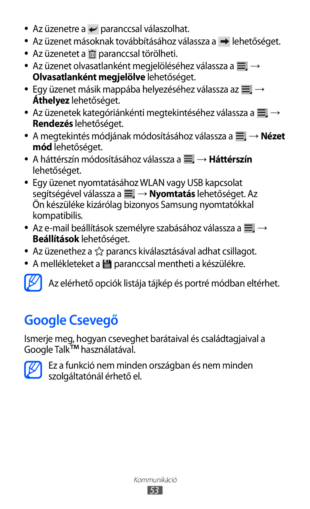 Samsung GT-P6210MAAXEH, GT-P6210UWAXEH manual Google Csevegő, Olvasatlanként megjelölve lehetőséget 