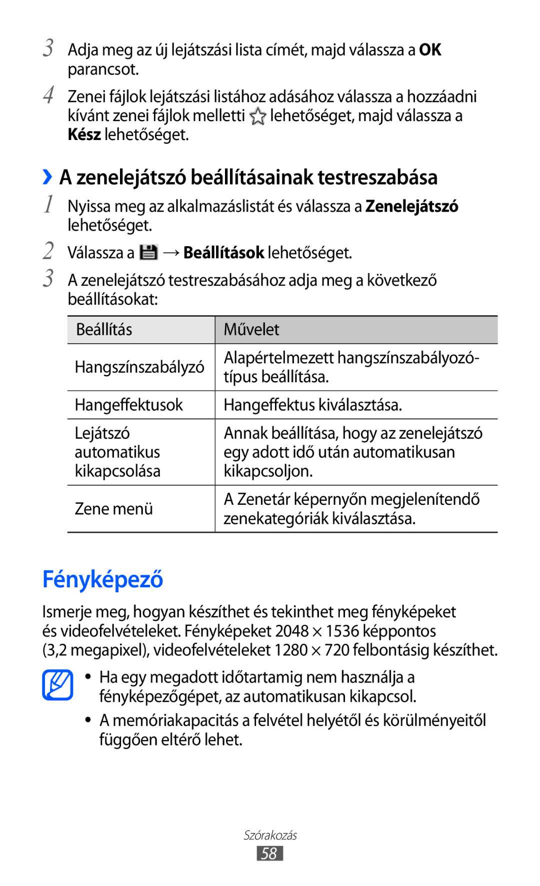 Samsung GT-P6210UWAXEH, GT-P6210MAAXEH manual Fényképező, ››A zenelejátszó beállításainak testreszabása, Típus beállítása 