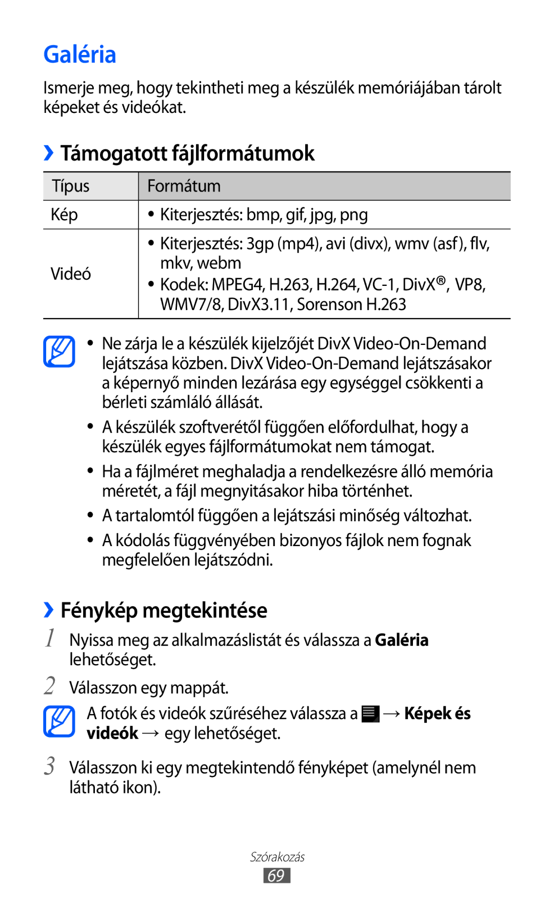 Samsung GT-P6210MAAXEH, GT-P6210UWAXEH manual Galéria, Támogatott fájlformátumok, ››Fénykép megtekintése 