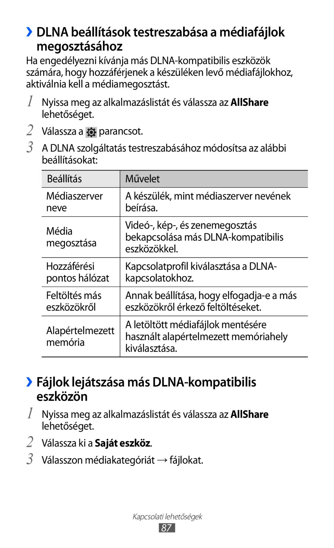 Samsung GT-P6210MAAXEH, GT-P6210UWAXEH manual ››Fájlok lejátszása más DLNA-kompatibilis eszközön 