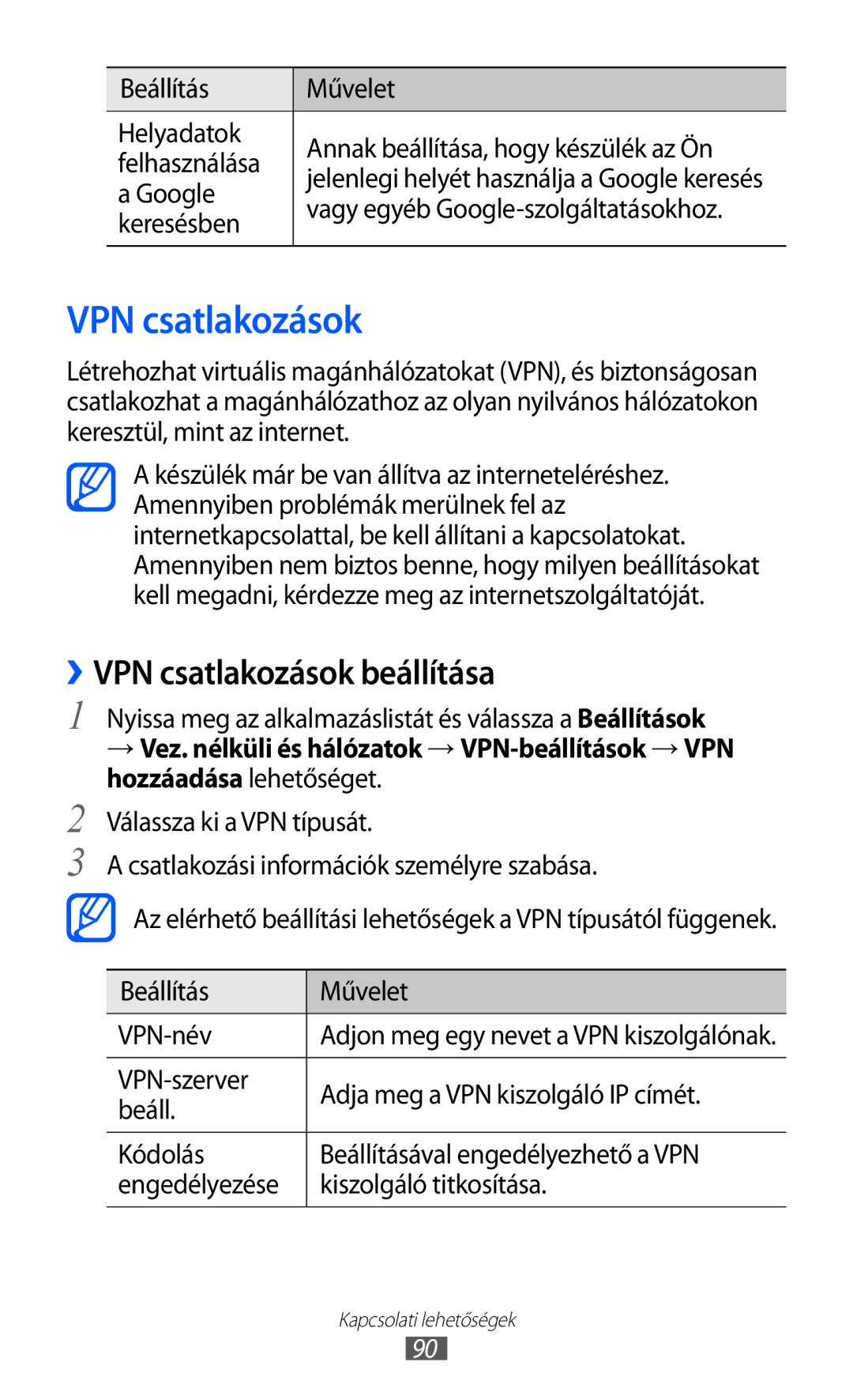 Samsung GT-P6210UWAXEH, GT-P6210MAAXEH manual ››VPN csatlakozások beállítása 