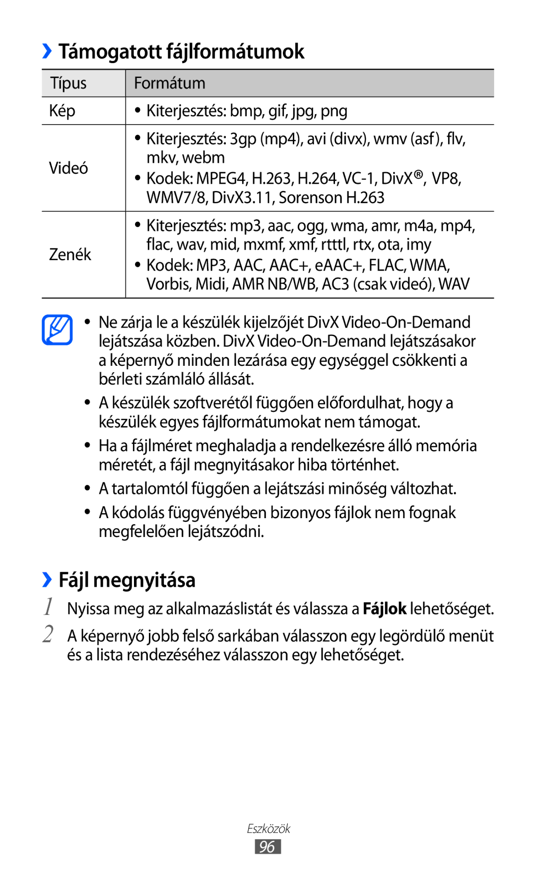 Samsung GT-P6210UWAXEH, GT-P6210MAAXEH manual ››Fájl megnyitása, Zenék Flac, wav, mid, mxmf, xmf, rtttl, rtx, ota, imy 