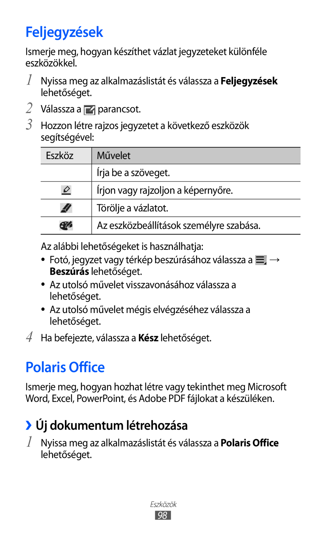 Samsung GT-P6210UWAXEH, GT-P6210MAAXEH manual Feljegyzések, Polaris Office, ››Új dokumentum létrehozása 