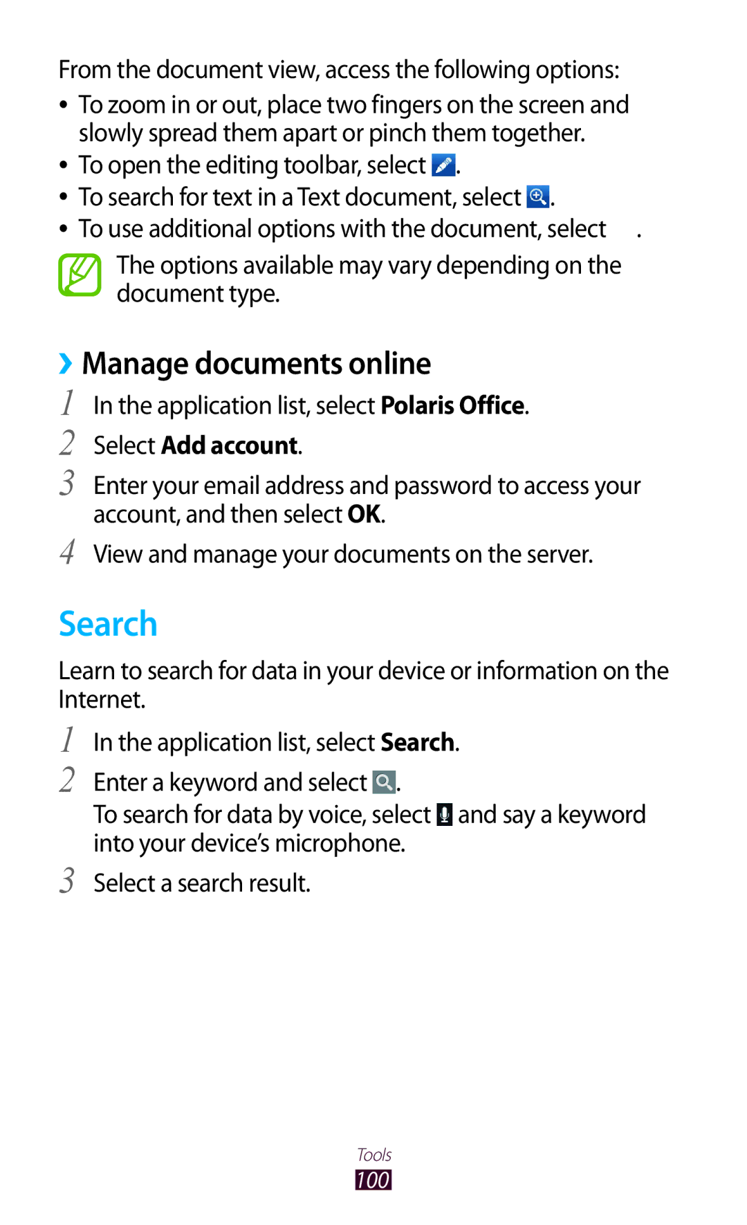 Samsung GT-P6210UWASER manual Search, ››Manage documents online, From the document view, access the following options 