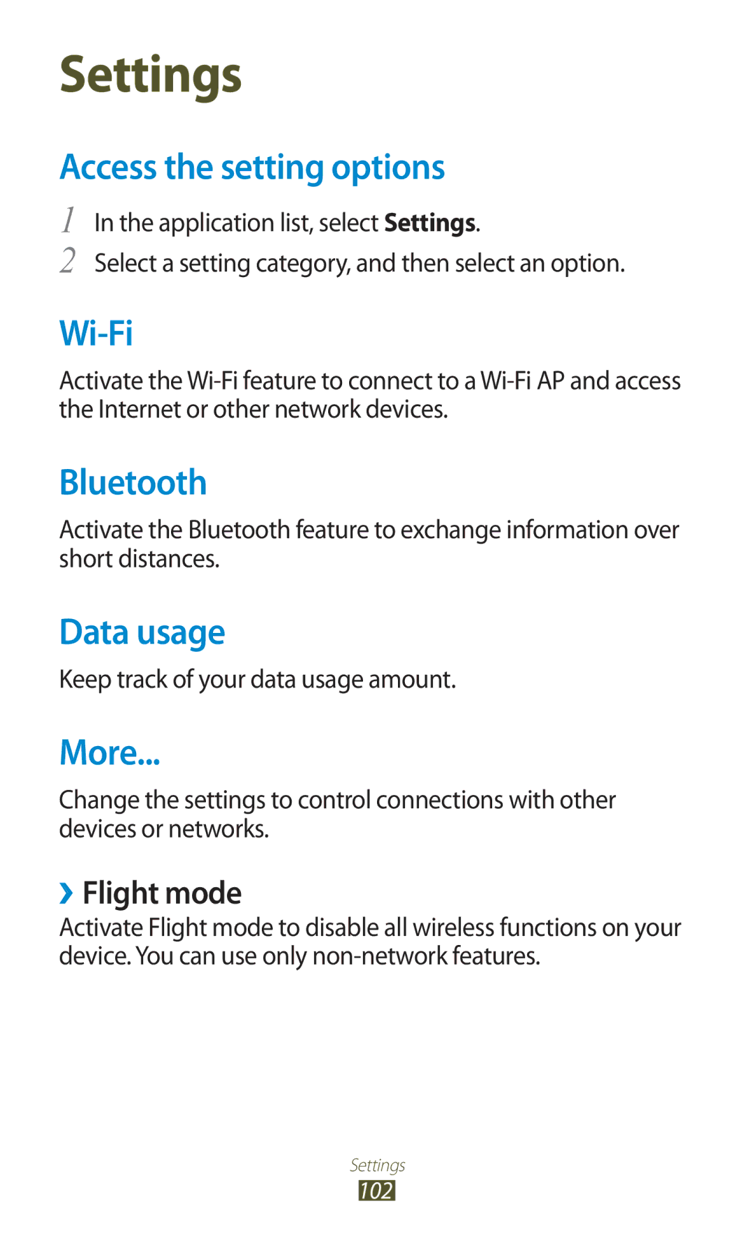 Samsung GT-P6210MAESER Access the setting options, Data usage, More, ››Flight mode, Keep track of your data usage amount 