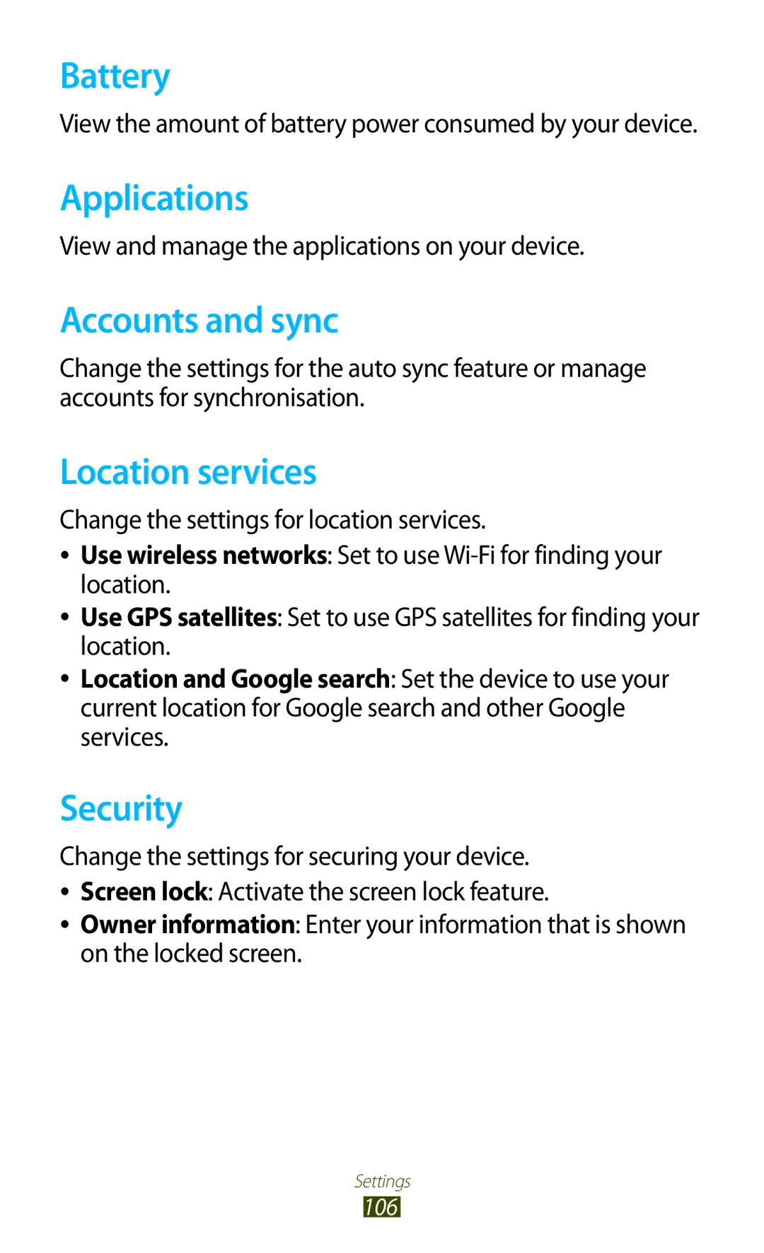 Samsung GT-P6210UWAXEF, GT-P6210ZWAXEF manual Battery, Applications, Accounts and sync, Location services, Security 