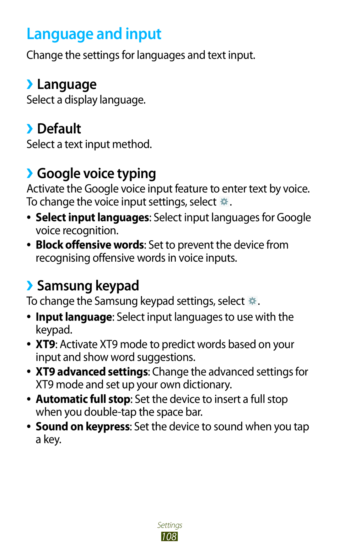 Samsung GT-P6210UWAFOP, GT-P6210ZWAXEF Language and input, ››Language, ››Default, ››Google voice typing, ››Samsung keypad 