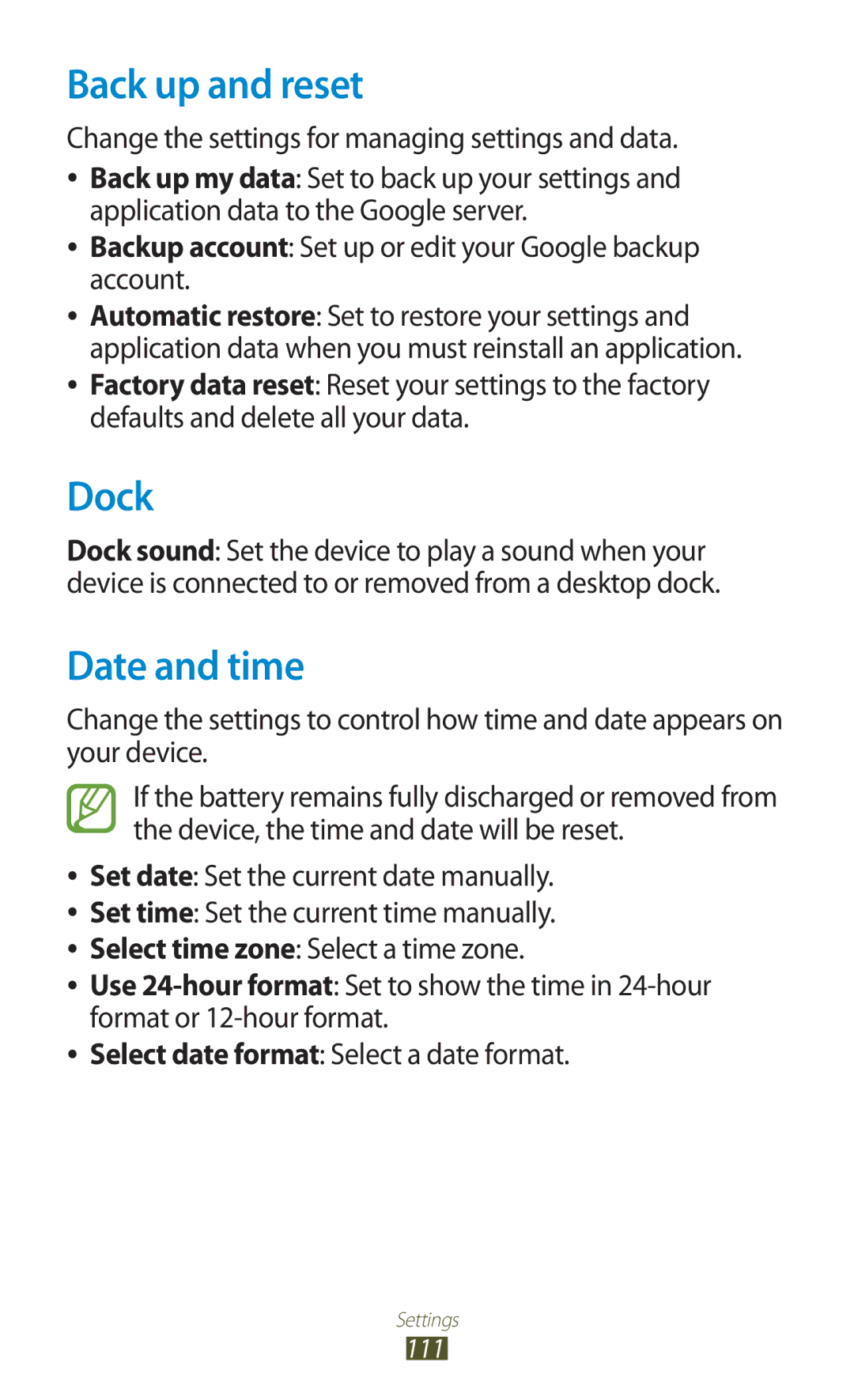 Samsung GT-P6210UWASEB manual Back up and reset, Dock, Date and time, Change the settings for managing settings and data 