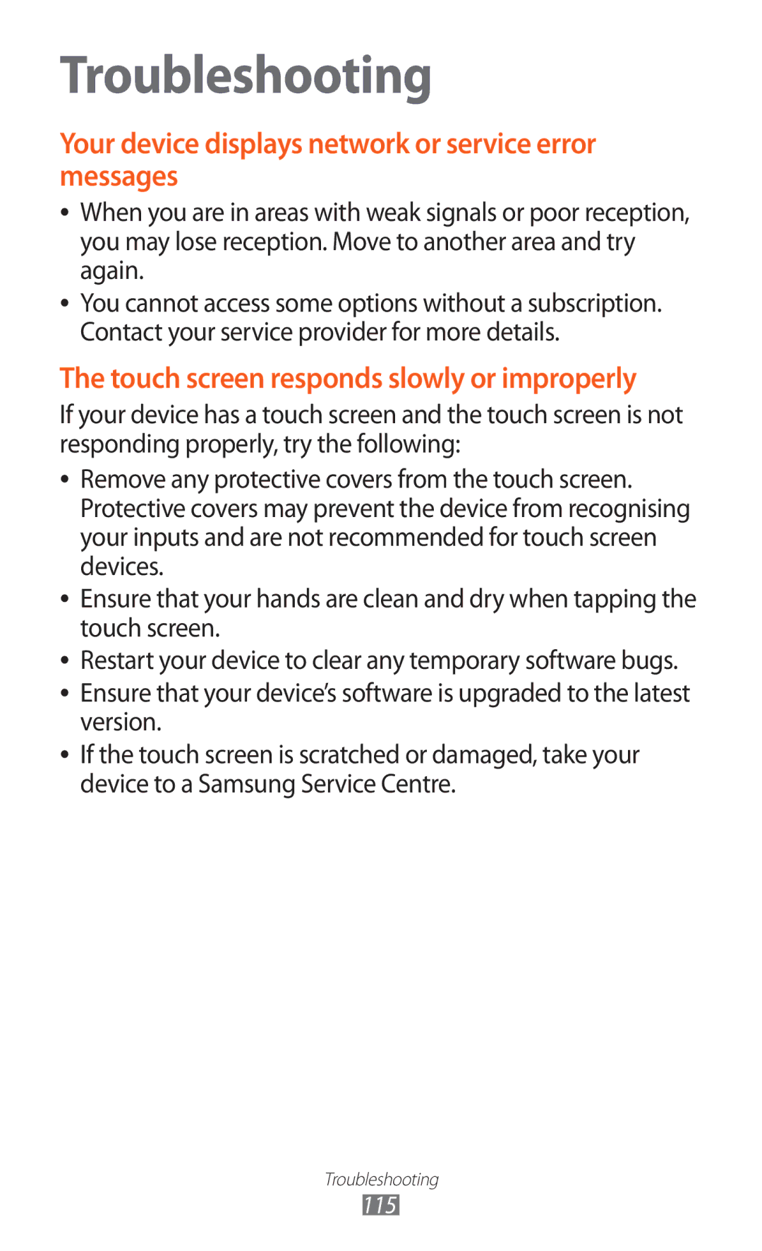 Samsung GT-P6210MAESER, GT-P6210ZWAXEF, GT-P6210MAAXEF, GT-P6210UWAXEF, GT-P6210ZWAFOP, GT-P6210UWAFOP manual Troubleshooting 