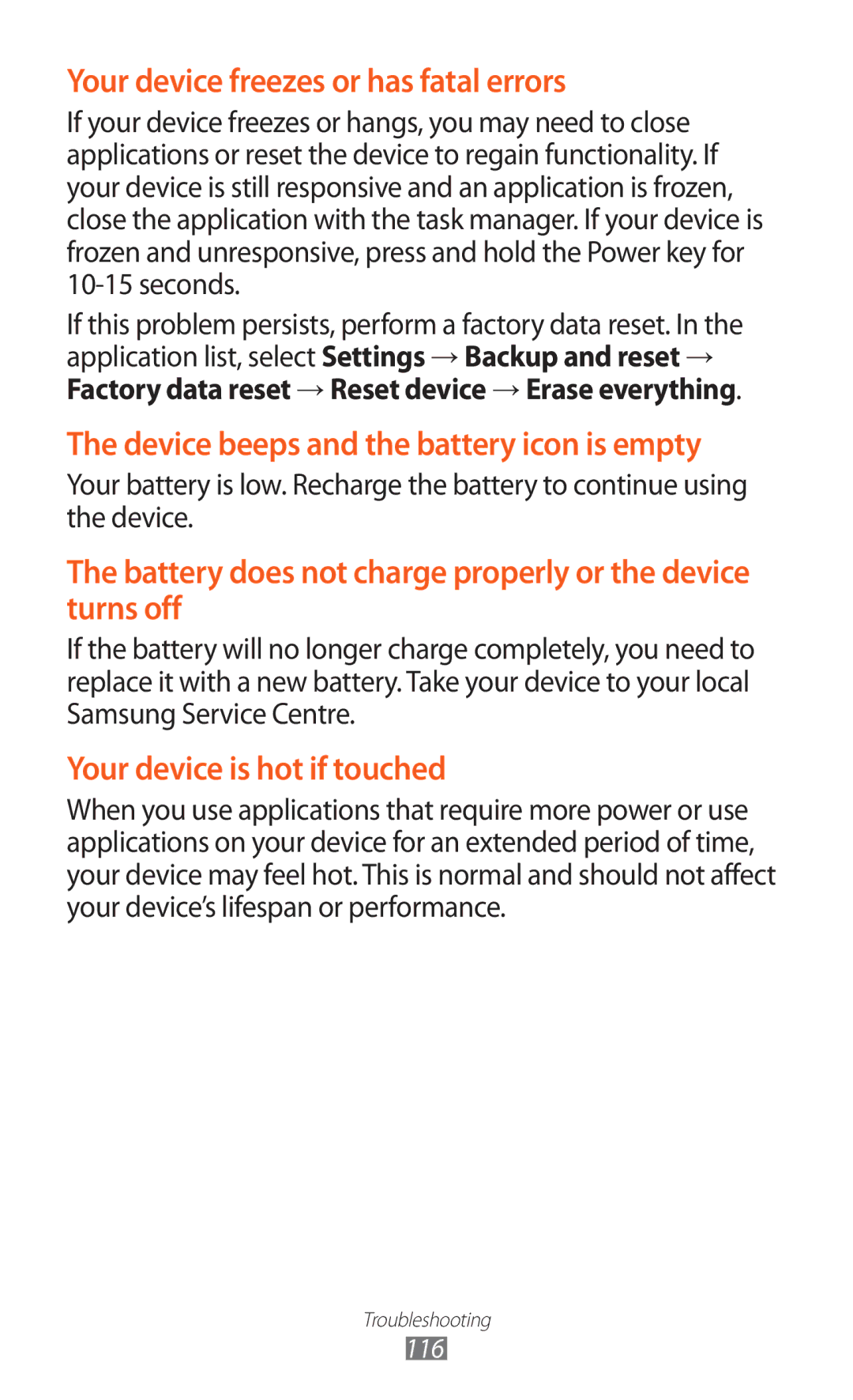 Samsung GT-P6210MAASER, GT-P6210ZWAXEF, GT-P6210MAAXEF, GT-P6210UWAXEF manual Device beeps and the battery icon is empty 