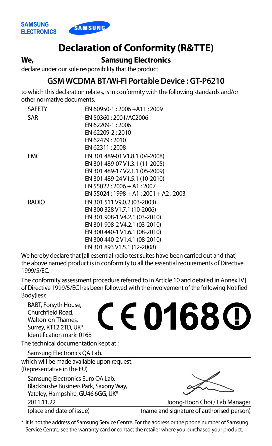 Samsung GT-P6210MAAXEF, GT-P6210ZWAXEF manual Declaration of Conformity R&TTE, GSM Wcdma BT/Wi-Fi Portable Device GT-P6210 