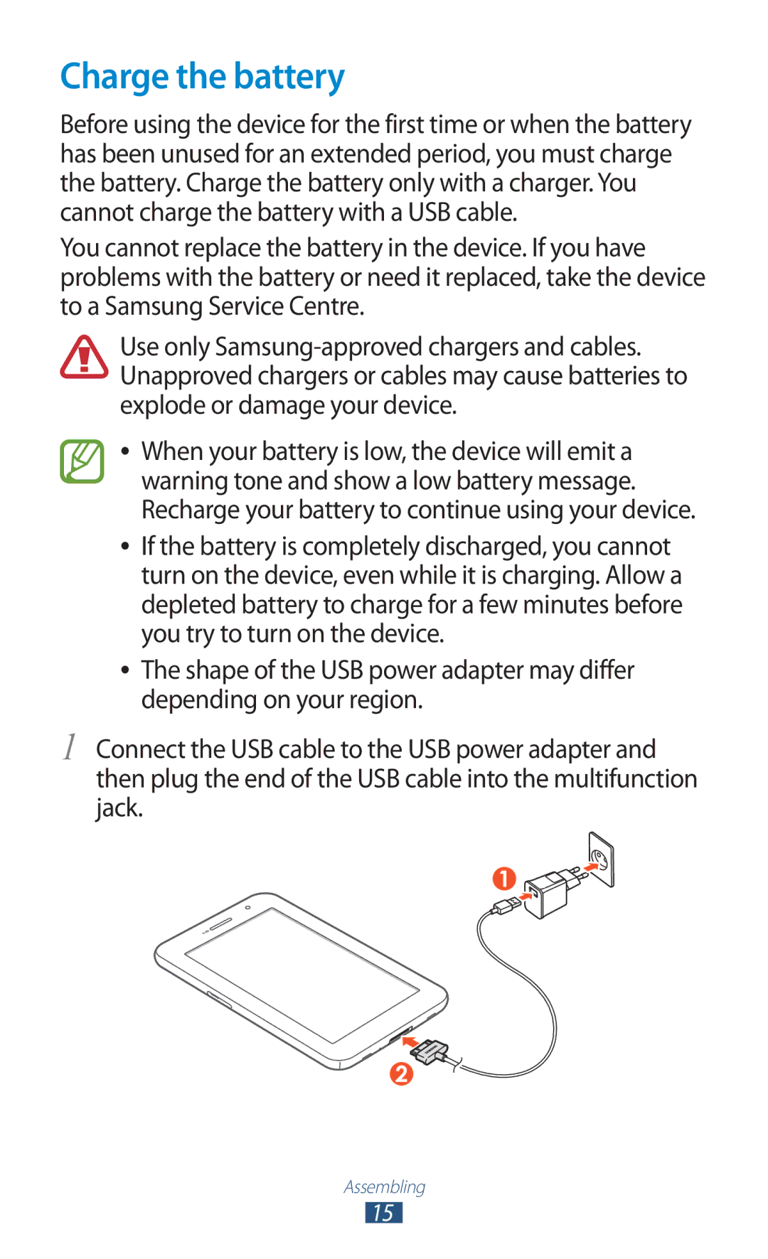 Samsung GT-P6210UWAXEF, GT-P6210ZWAXEF, GT-P6210MAAXEF, GT-P6210ZWAFOP, GT-P6210UWAFOP, GT-P6210MAAFOP manual Charge the battery 