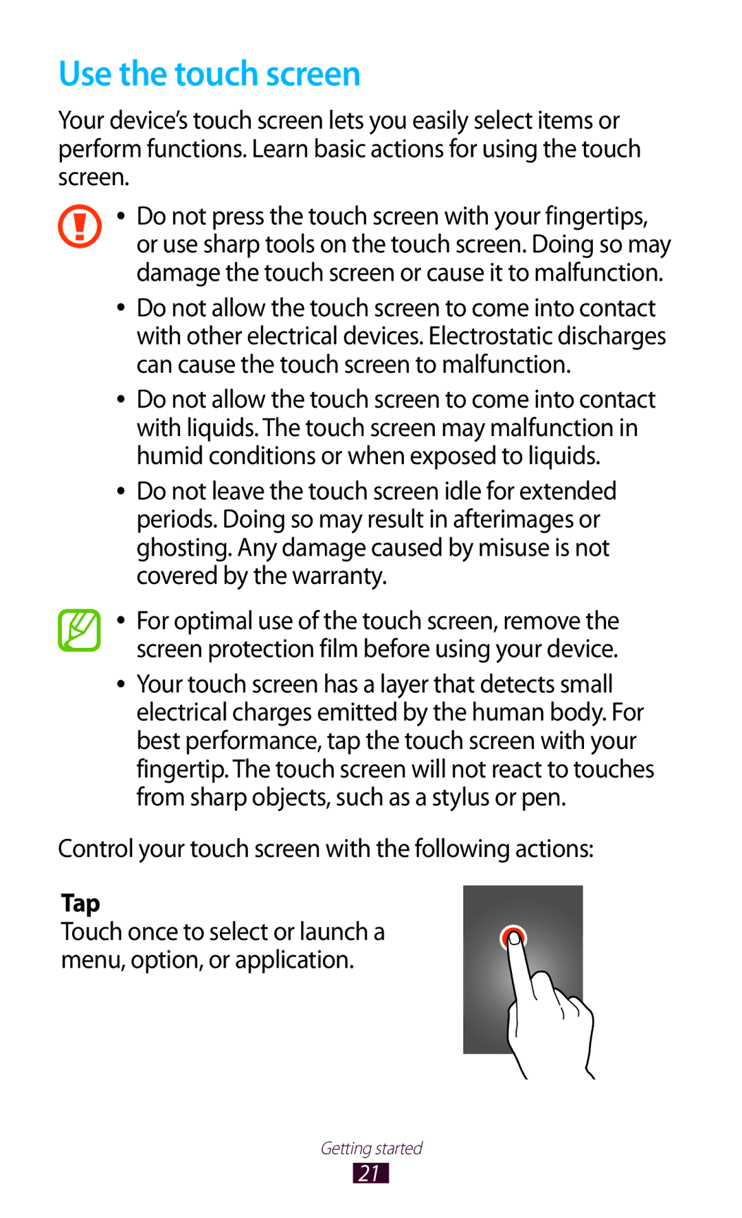 Samsung GT-P6210MAAEUR, GT-P6210ZWAXEF Use the touch screen, Control your touch screen with the following actions, Tap 