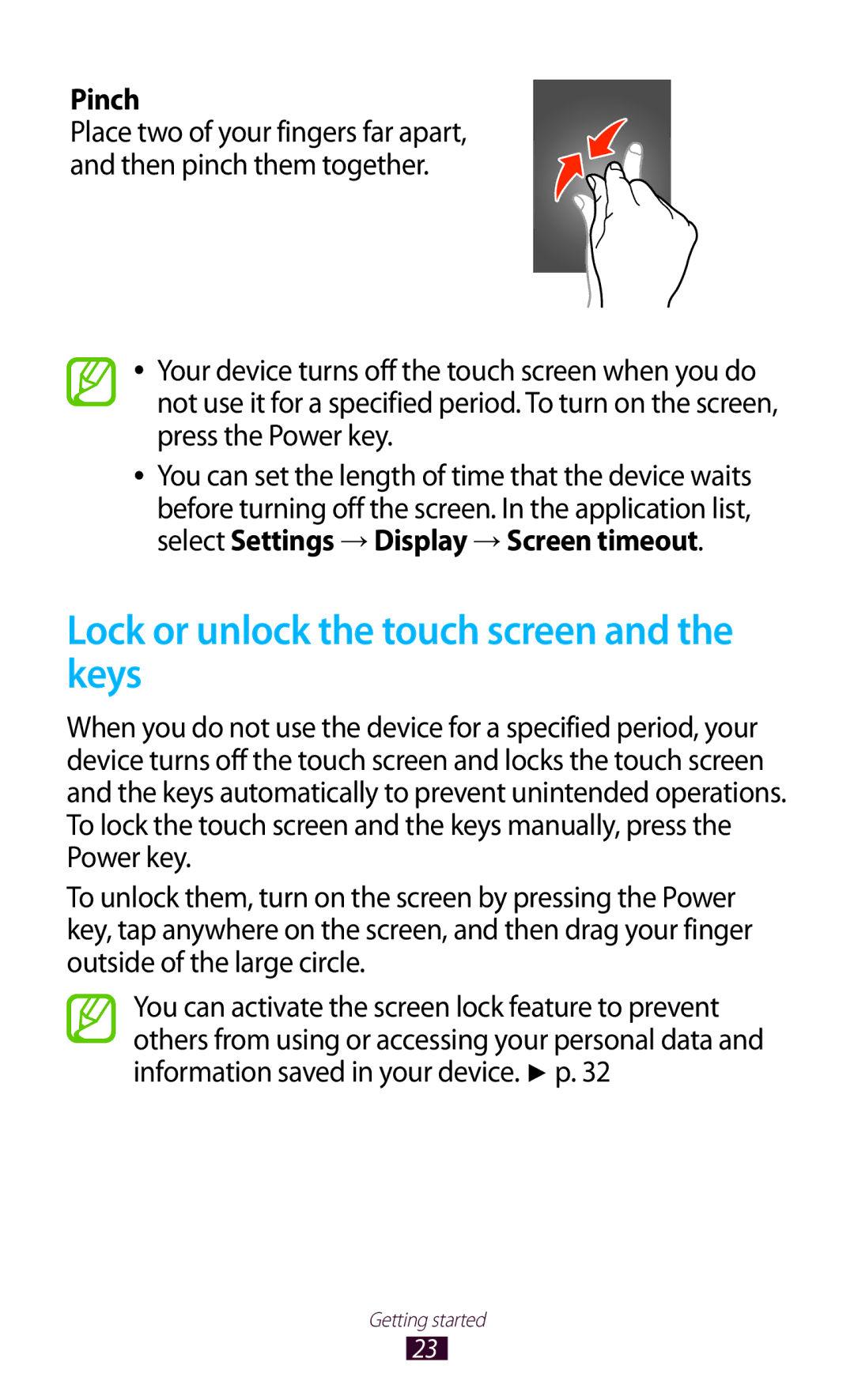 Samsung GT-P6210UWESER, GT-P6210ZWAXEF, GT-P6210MAAXEF, GT-P6210UWAXEF Lock or unlock the touch screen and the keys, Pinch 