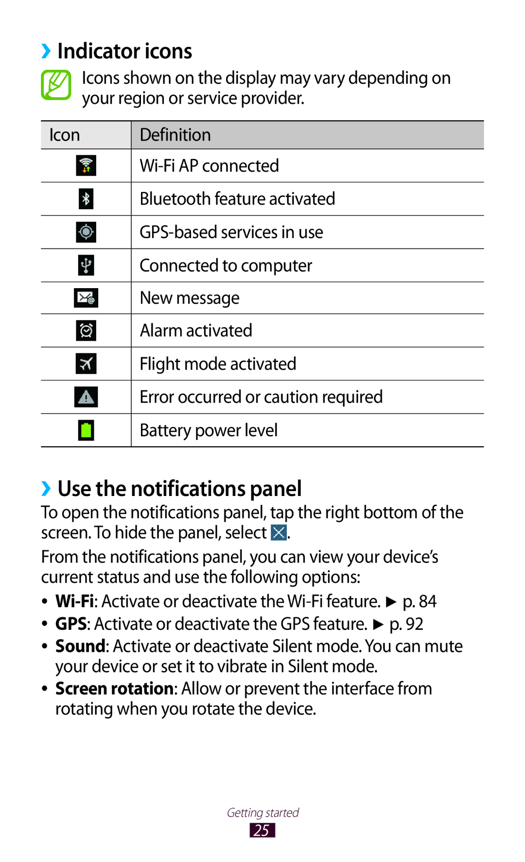 Samsung GT-P6210MAASER, GT-P6210ZWAXEF, GT-P6210MAAXEF, GT-P6210UWAXEF manual ››Indicator icons, ››Use the notifications panel 