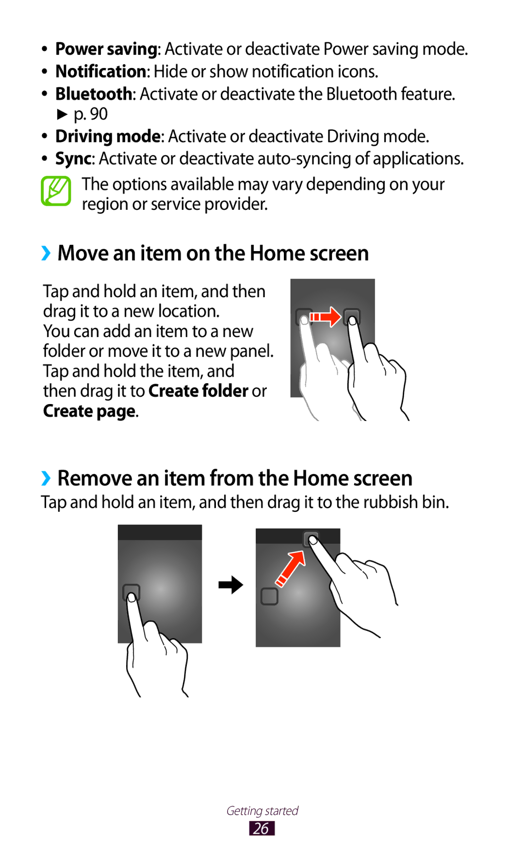 Samsung GT-P6210ZWAXEF, GT-P6210MAAXEF manual ››Move an item on the Home screen, ››Remove an item from the Home screen 
