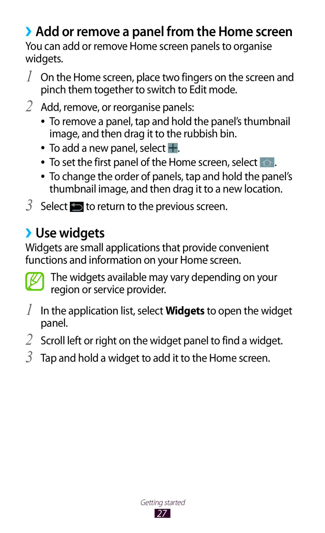 Samsung GT-P6210MAAXEF manual ››Use widgets, Add, remove, or reorganise panels, Select to return to the previous screen 