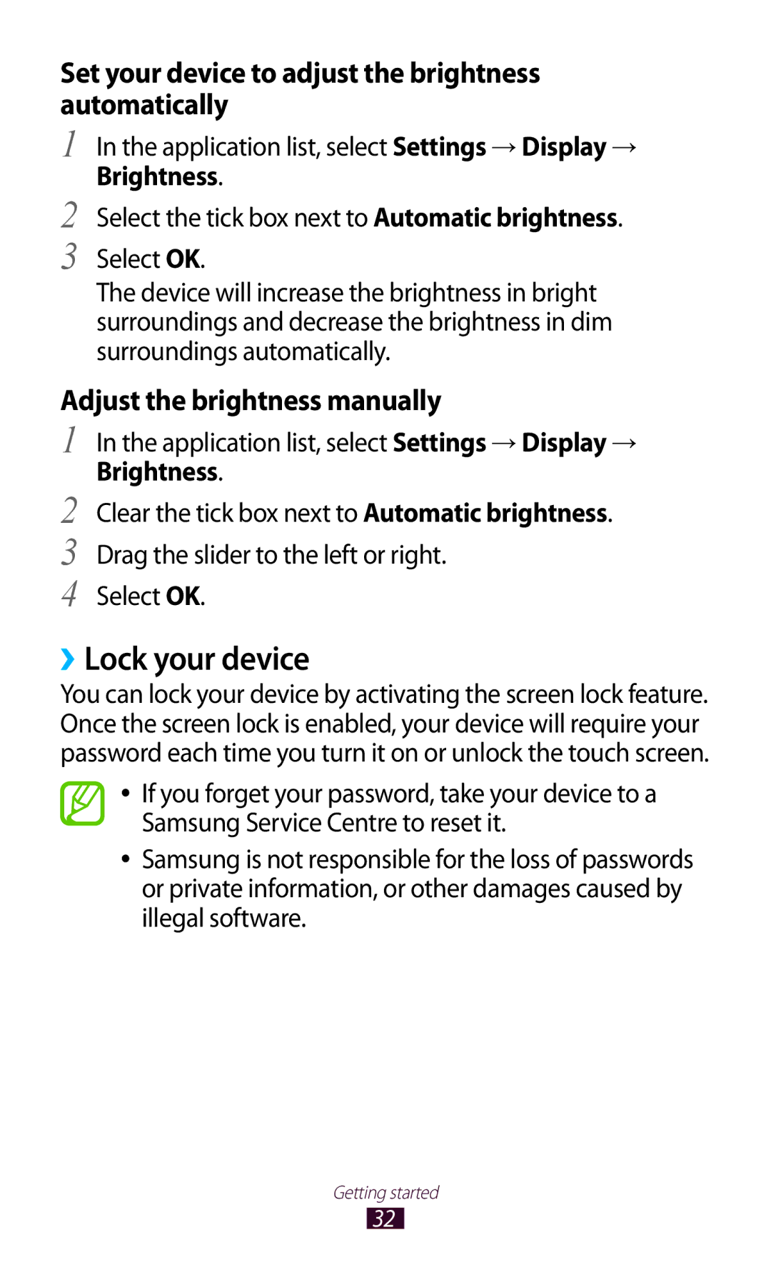 Samsung GT-P6210UWABGL, GT-P6210ZWAXEF manual ››Lock your device, Set your device to adjust the brightness automatically 