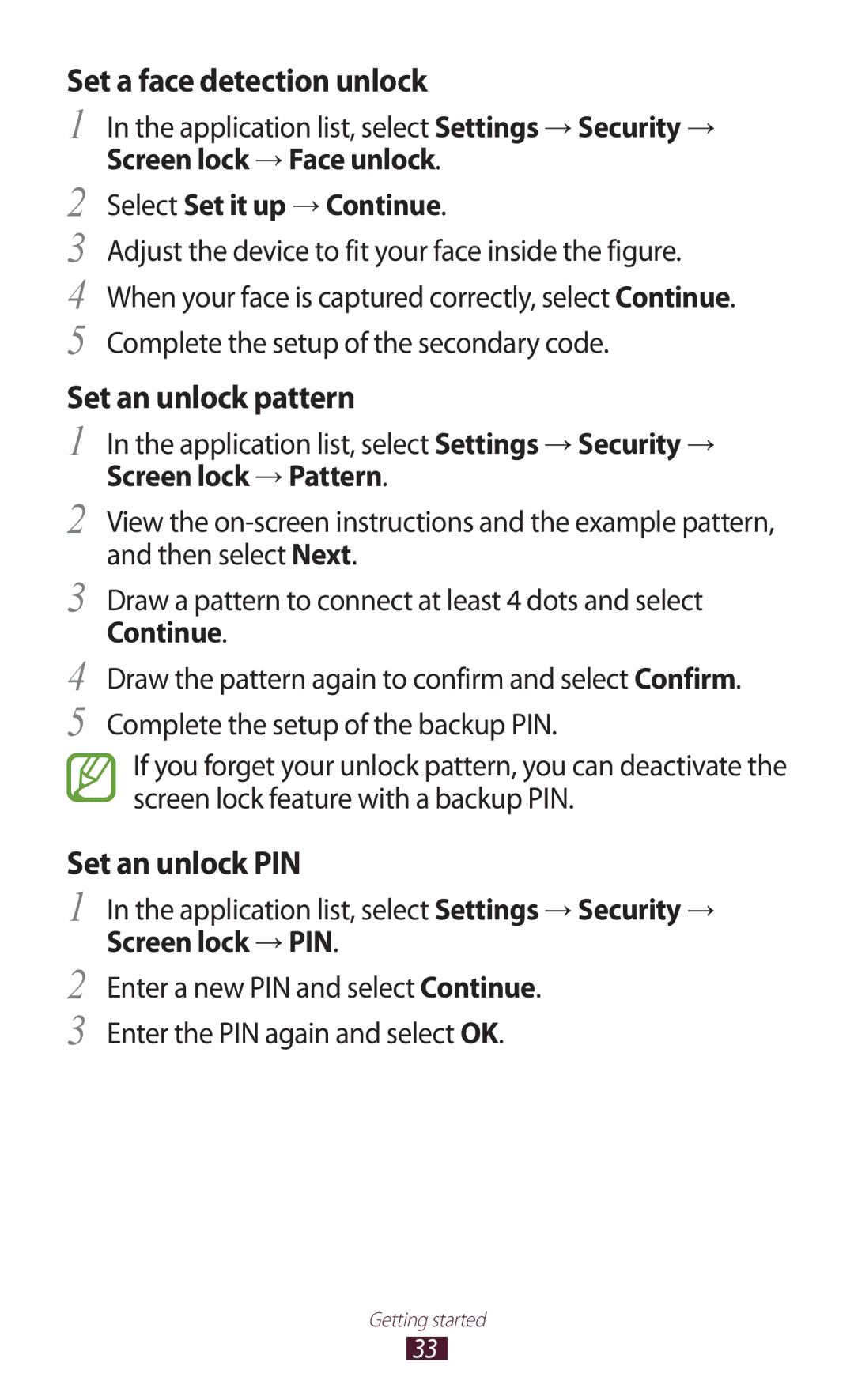 Samsung GT-P6210UWASEB manual Application list, select Settings → Security →, Screen lock → Pattern, Screen lock → PIN 